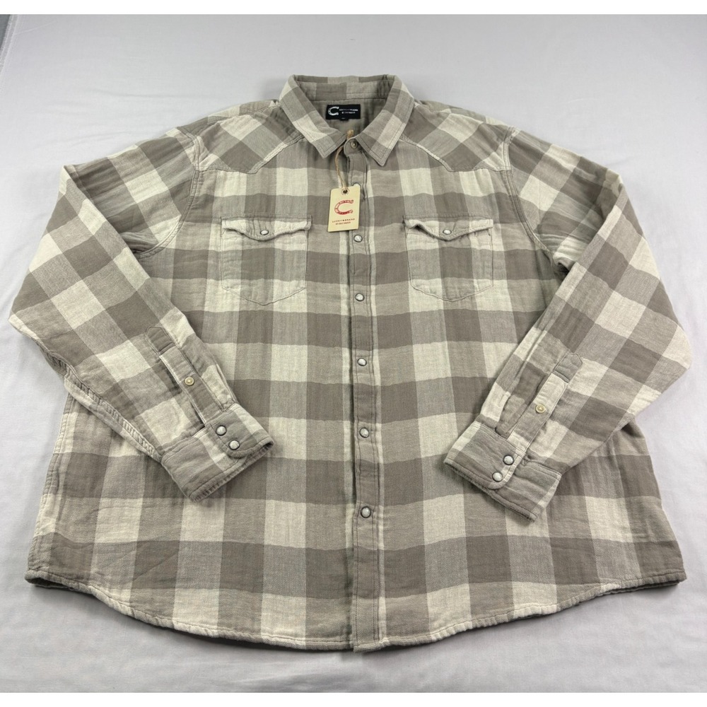Lucky Brand Flannel Shirt Men 2XL Gray Beige Plaid Pearl Snap Up Cole Hauser NEW